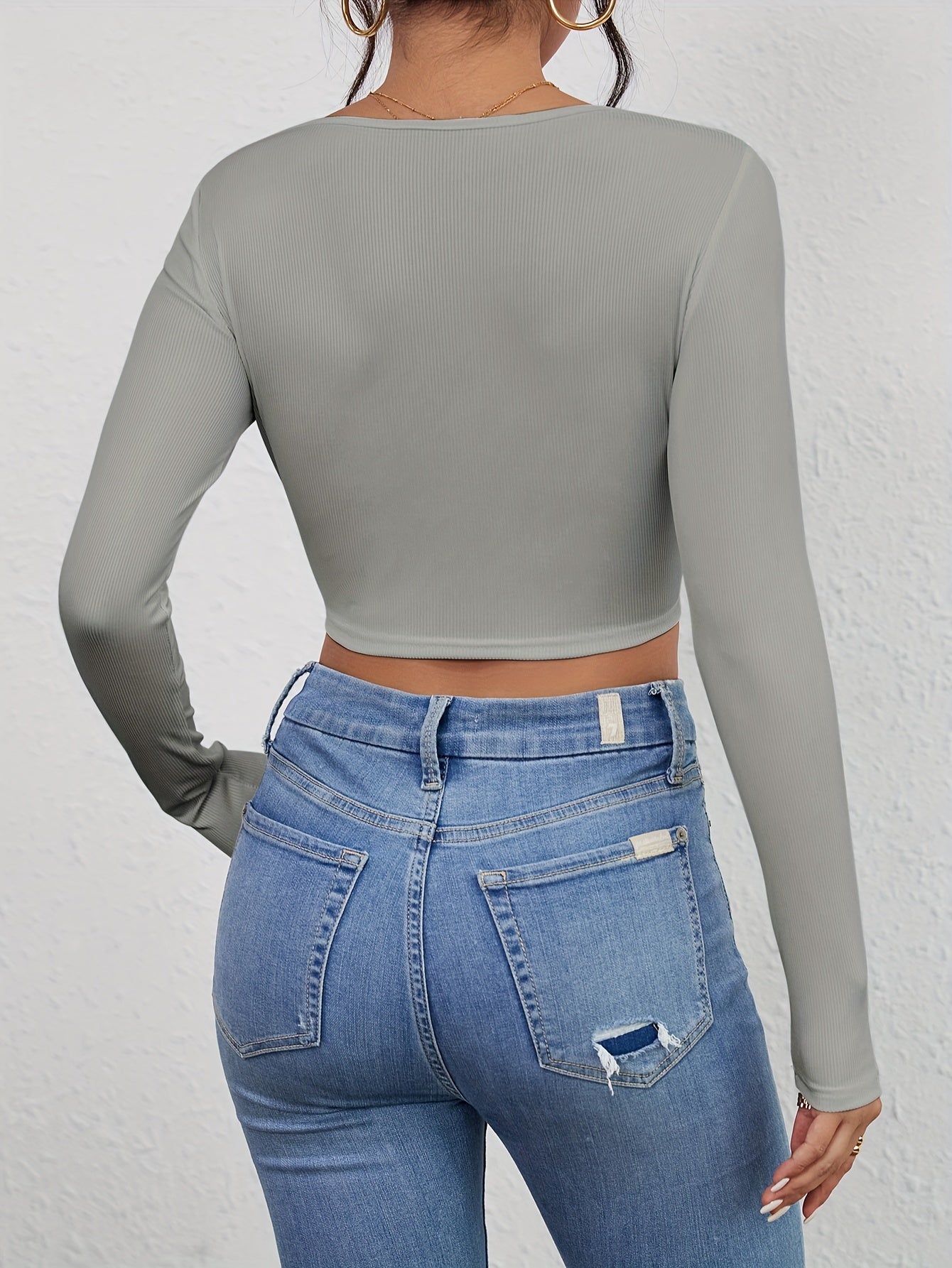 Squared Neck Cropped T-shirt, Casual Long Sleeve Solid T-shirt, Women's Clothing